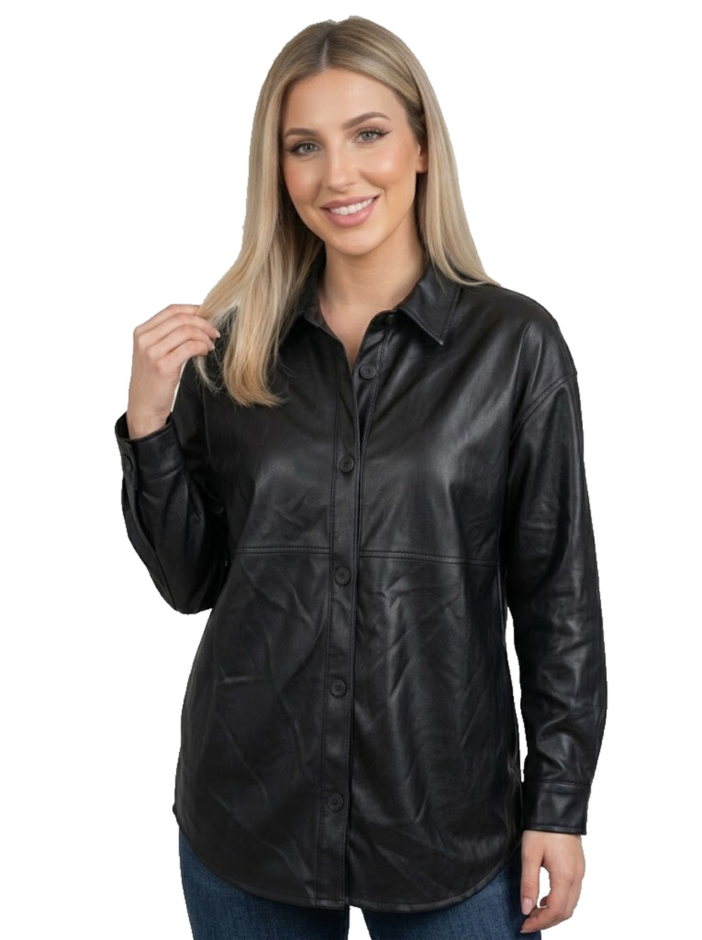 Thread & Supply Black Faux Leather Shacket Jacket Size L Boyfriend NWT